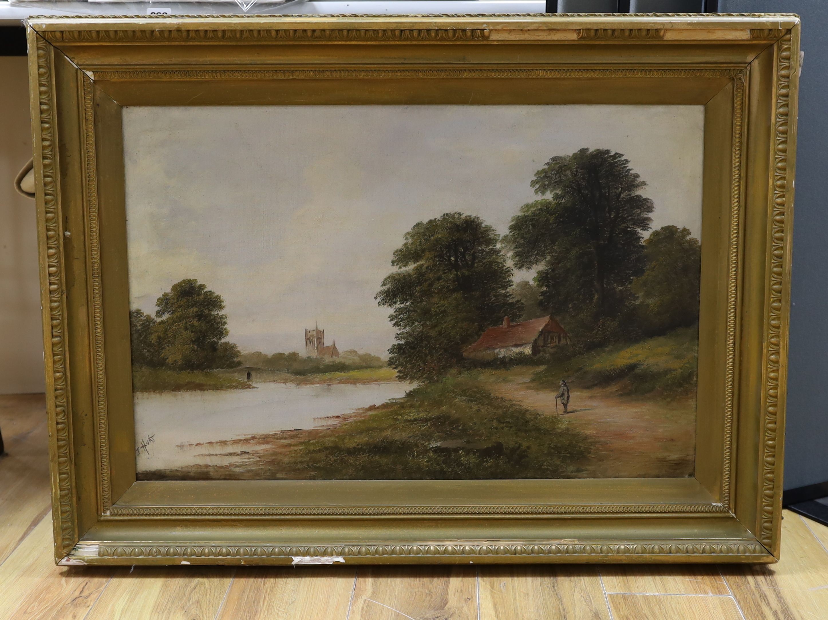 F. Hunt, c.1900, oil on canvas, River landscape with figure on a lane, signed, 50 x 75cm